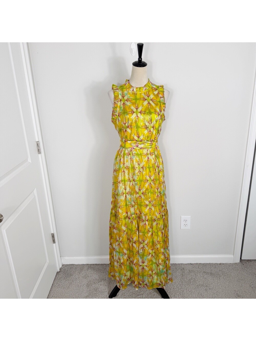 Marie Oliver Metallic Yellow Multi Ruffle Tiered SILK Alice Maxi Dress Sz Small
